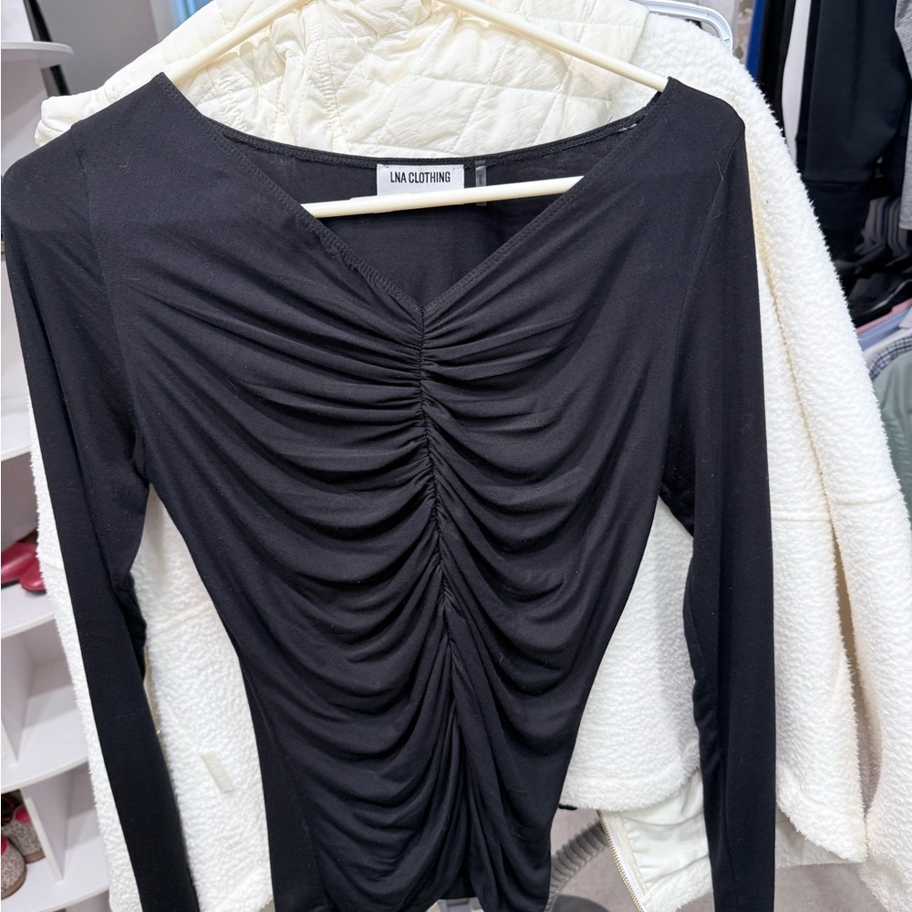 LNA Black Ruched Long Sleeve Blouse